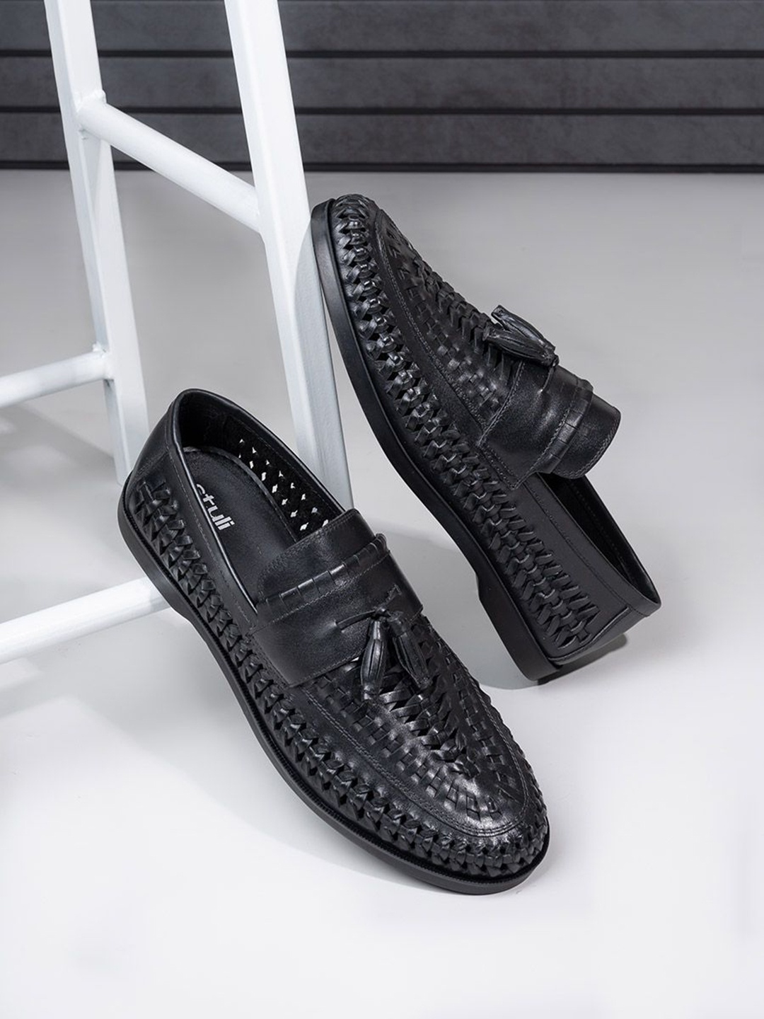 

Styli Men Genuine Leather Handmade Woven Loafers, Black