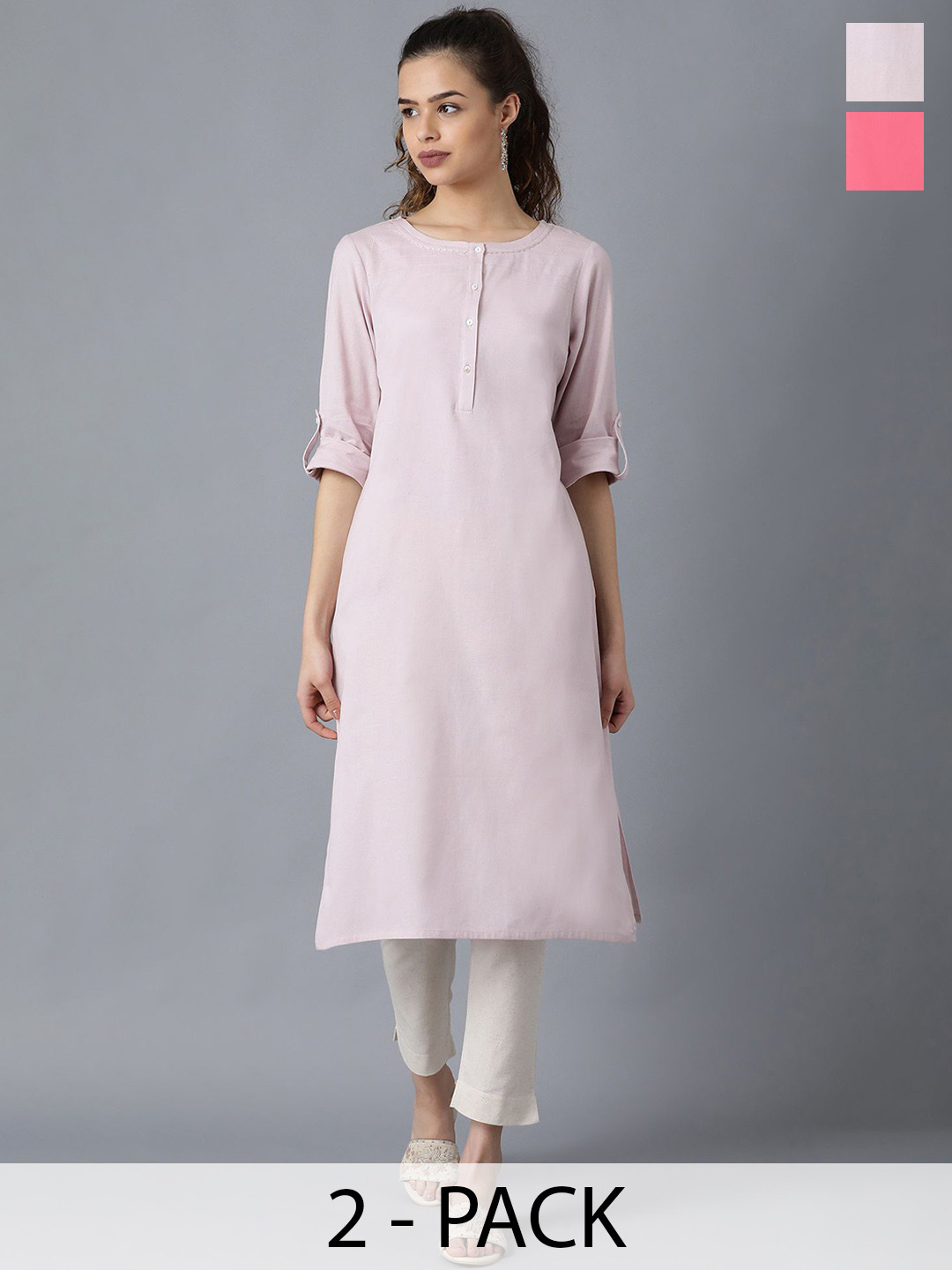 

W Selection Of 2 Round Neck Roll-Up Sleeves Thread Work Straight Kurta, Peach
