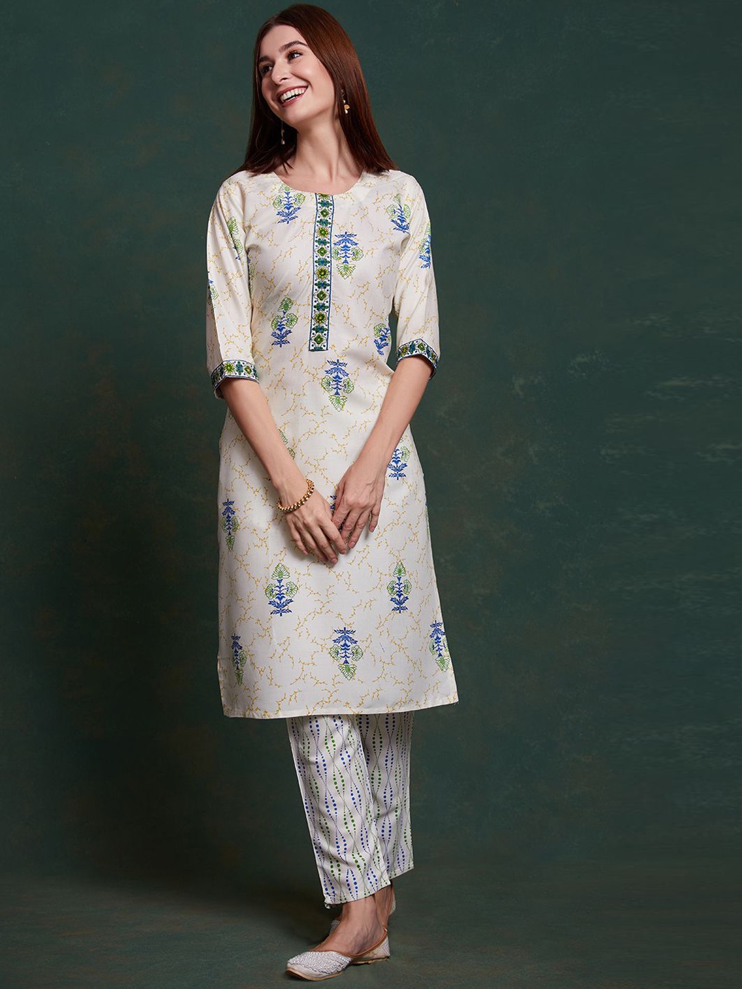 

KALINI Floral Printed Thread Work Straight Kurta With Trousers, Off white