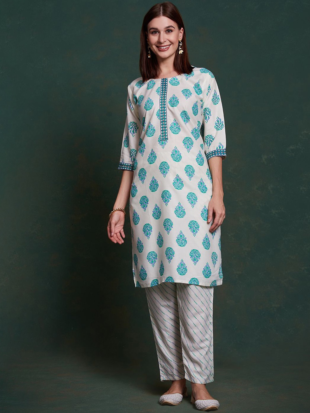 

KALINI Ethnic Motifs Printed Thread Work Straight Kurta with Trousers, Off white