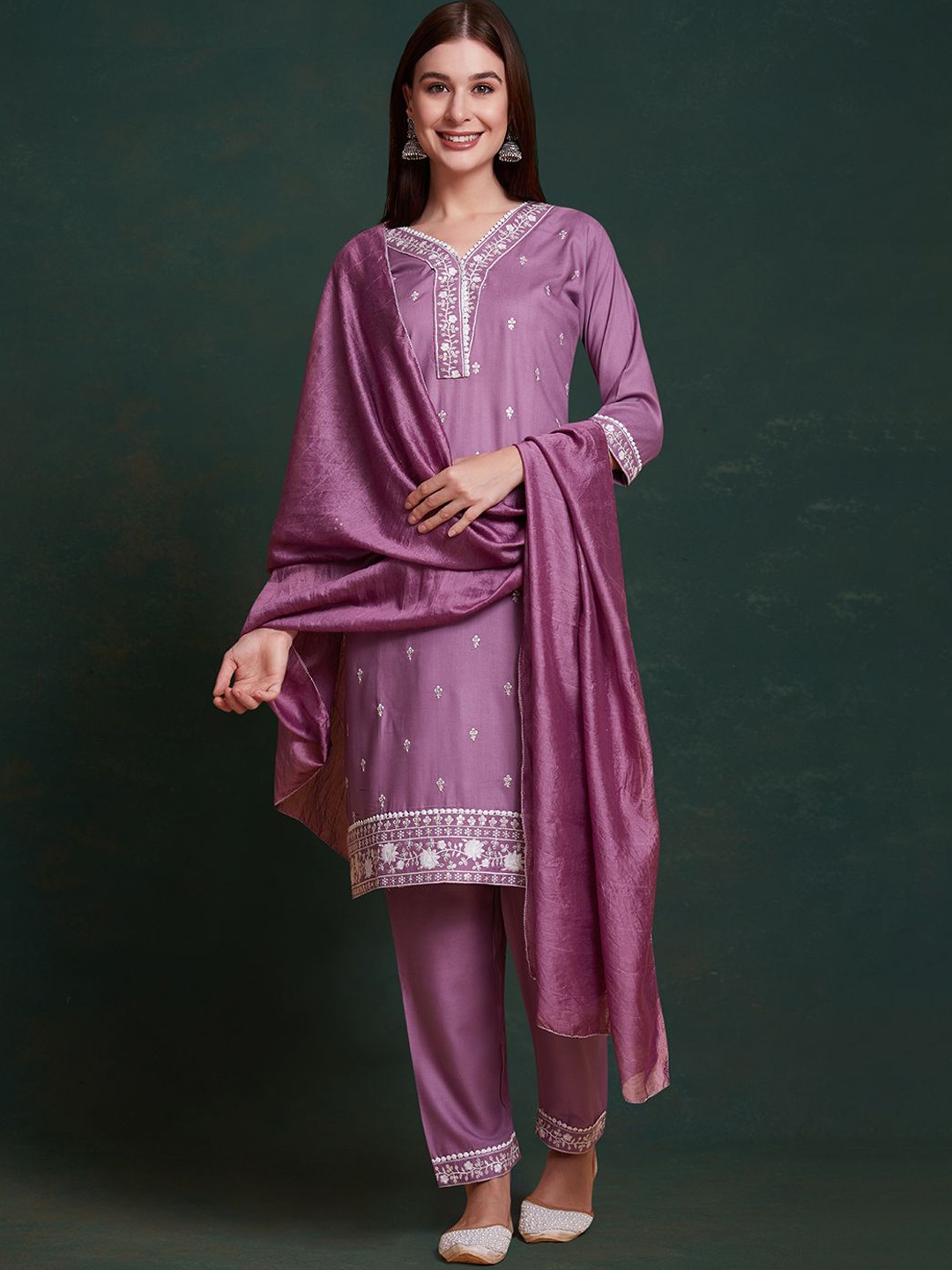 

KALINI Floral Embroidered Sequinned Straight Kurta With Trousers & Dupatta, Purple