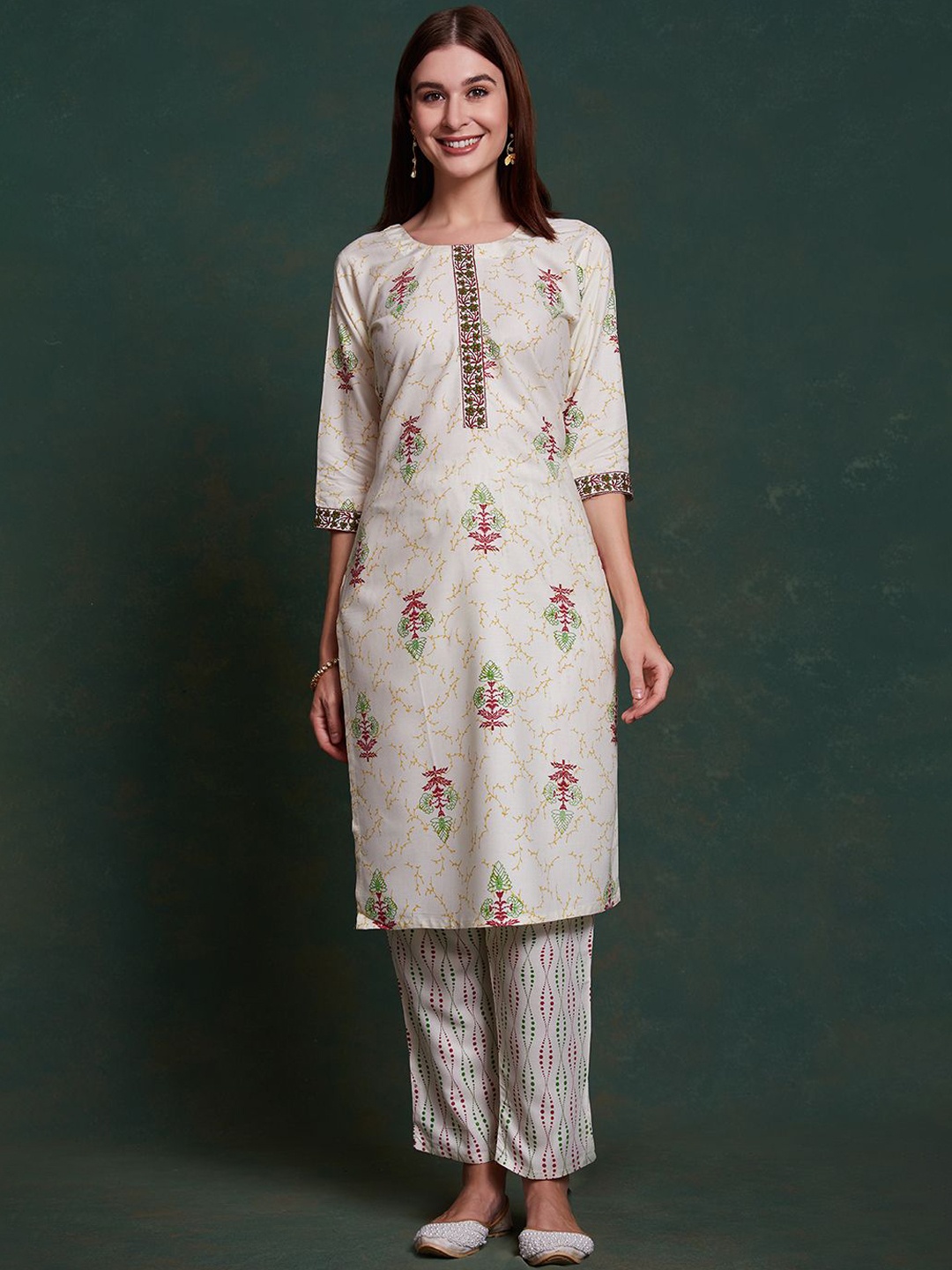 

KALINI Floral Printed Thread Work Straight Kurta With Trousers, Off white