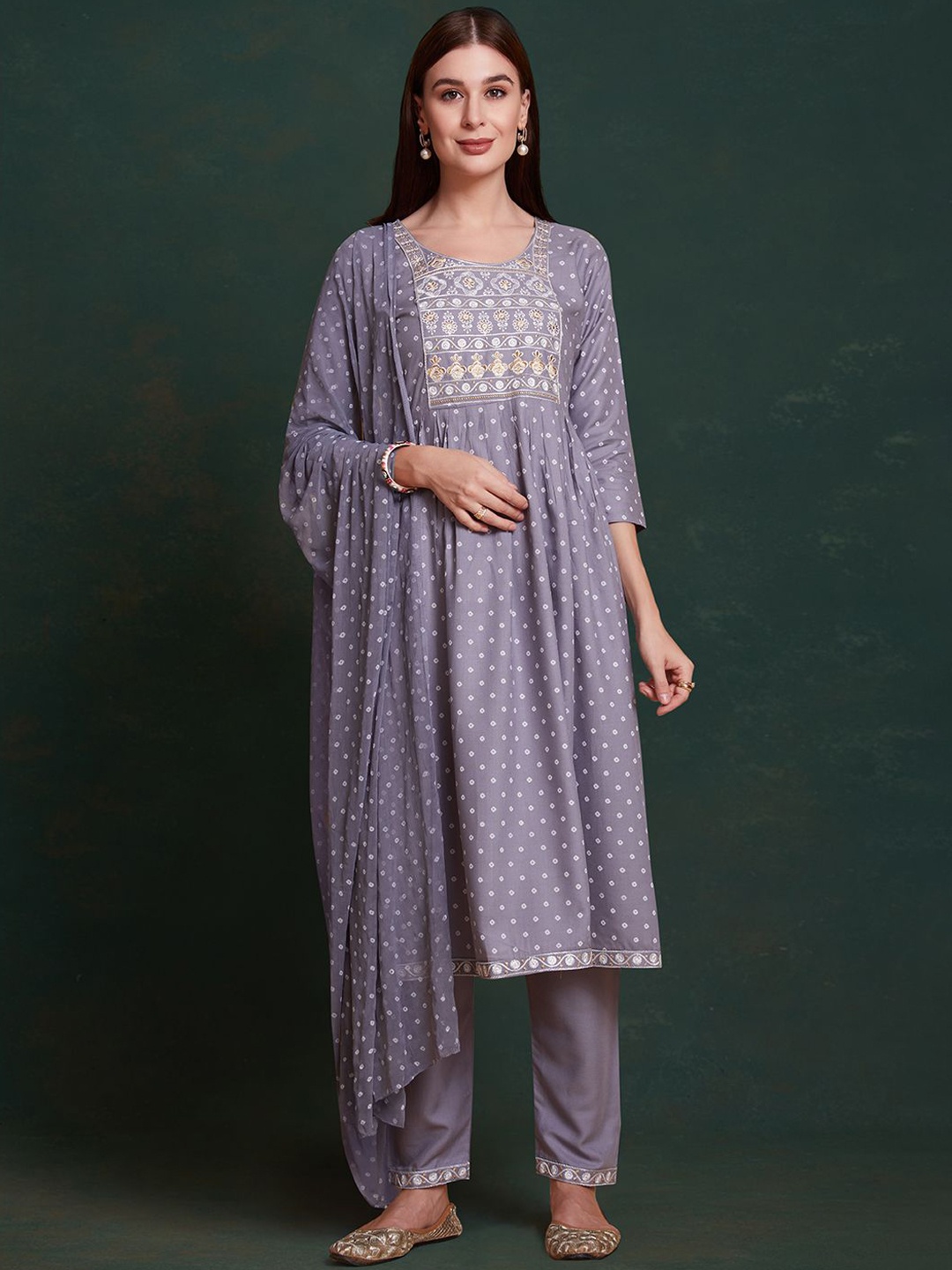 

KALINI Bandhani Printed Pleated Thread Work Kurta Anarkali Kurta With Trousers & Dupatta, Grey