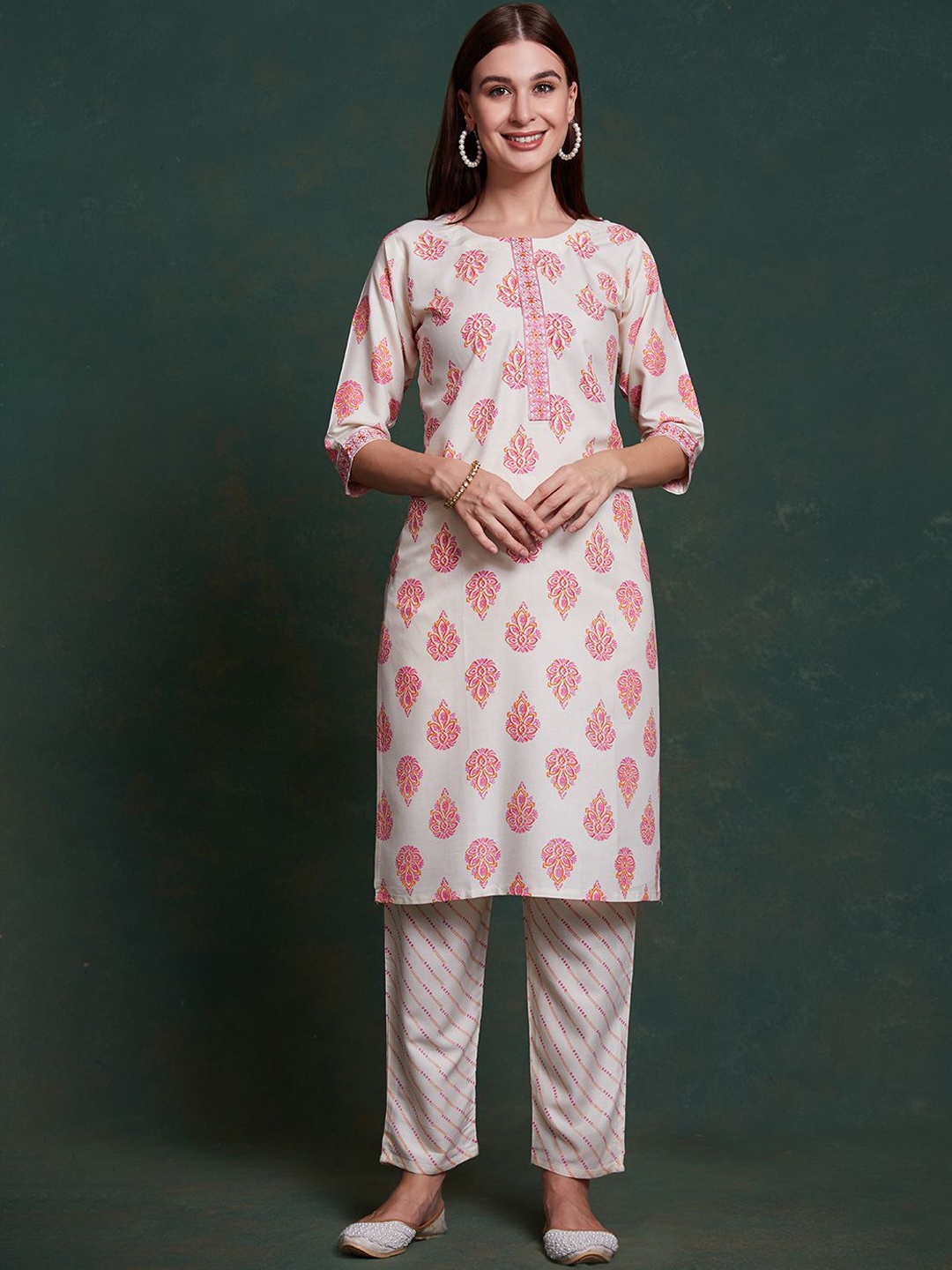 

KALINI Ethnic Motifs Printed Thread Work Kurta with Trousers, Off white