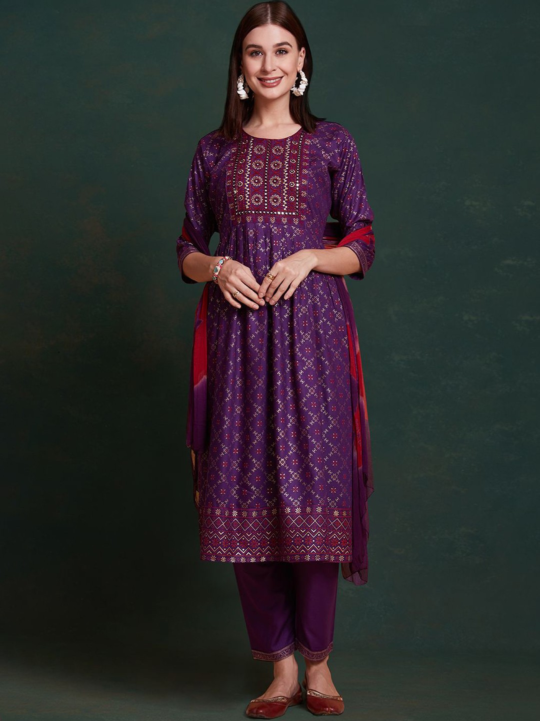 

KALINI Ethnic Motifs Embroidered Mirror Work Anarkali Kurta with Trousers & Dupatta, Purple
