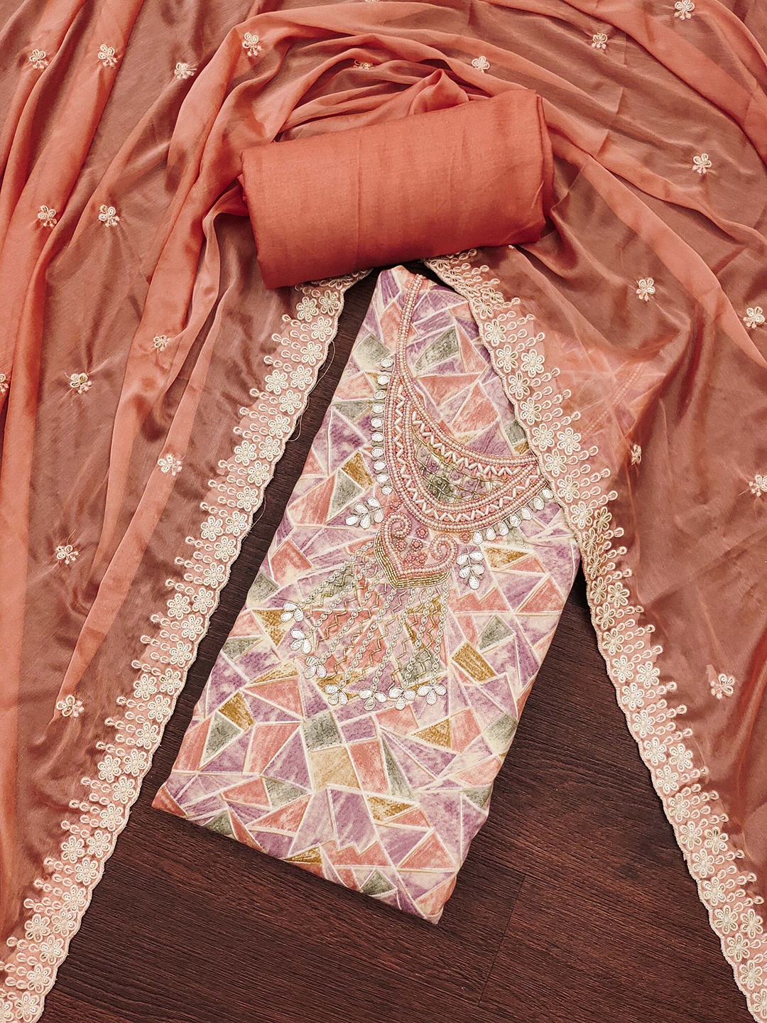 

KALINI Geometric Printed Pure Cotton Unstitched Dress Material, Peach