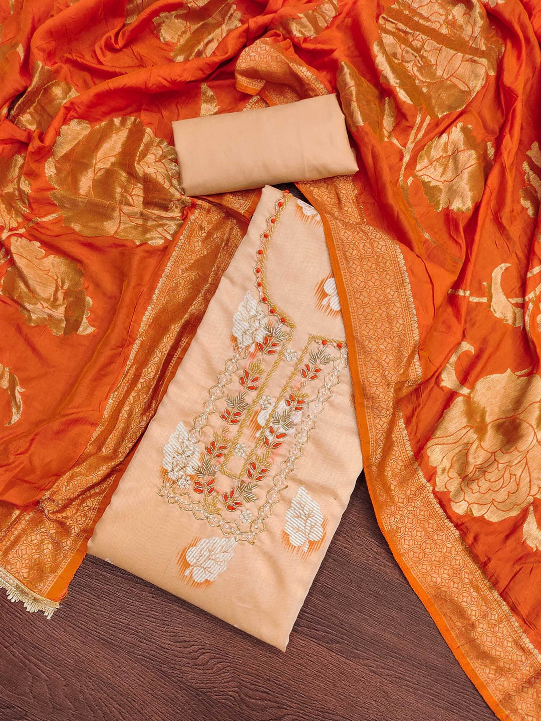 

KALINI Printed Zari Pure Cotton Unstitched Dress Material, Beige