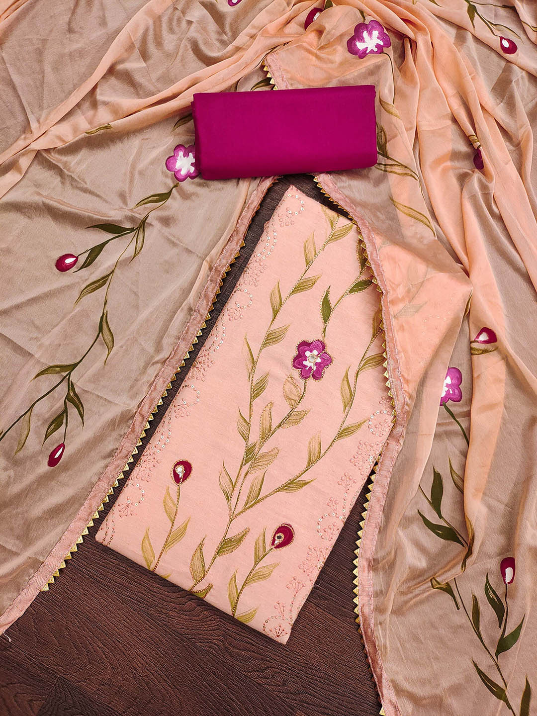 

KALINI Floral Embroidered Sequinned Pure Cotton Unstitched Dress Material, Peach