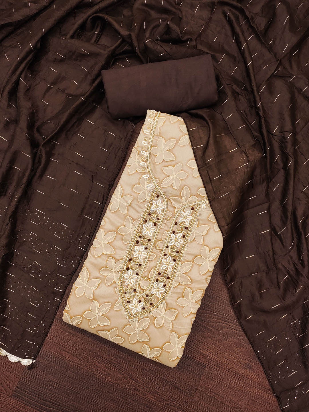 

KALINI Floral Printed Zari Pure Cotton Unstitched Dress Material, Beige