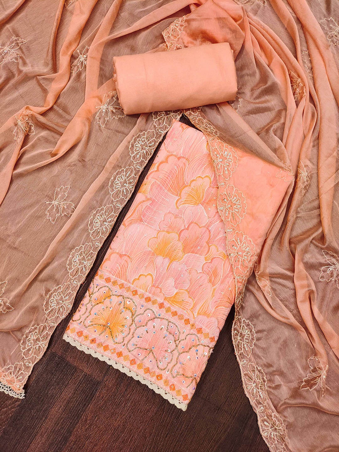 

KALINI Floral Embroidered Pure Cotton Unstitched Dress Material, Peach