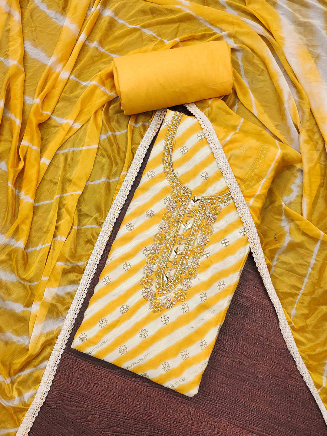 

KALINI Leheriya Printed Unstitched Dress Material, Yellow