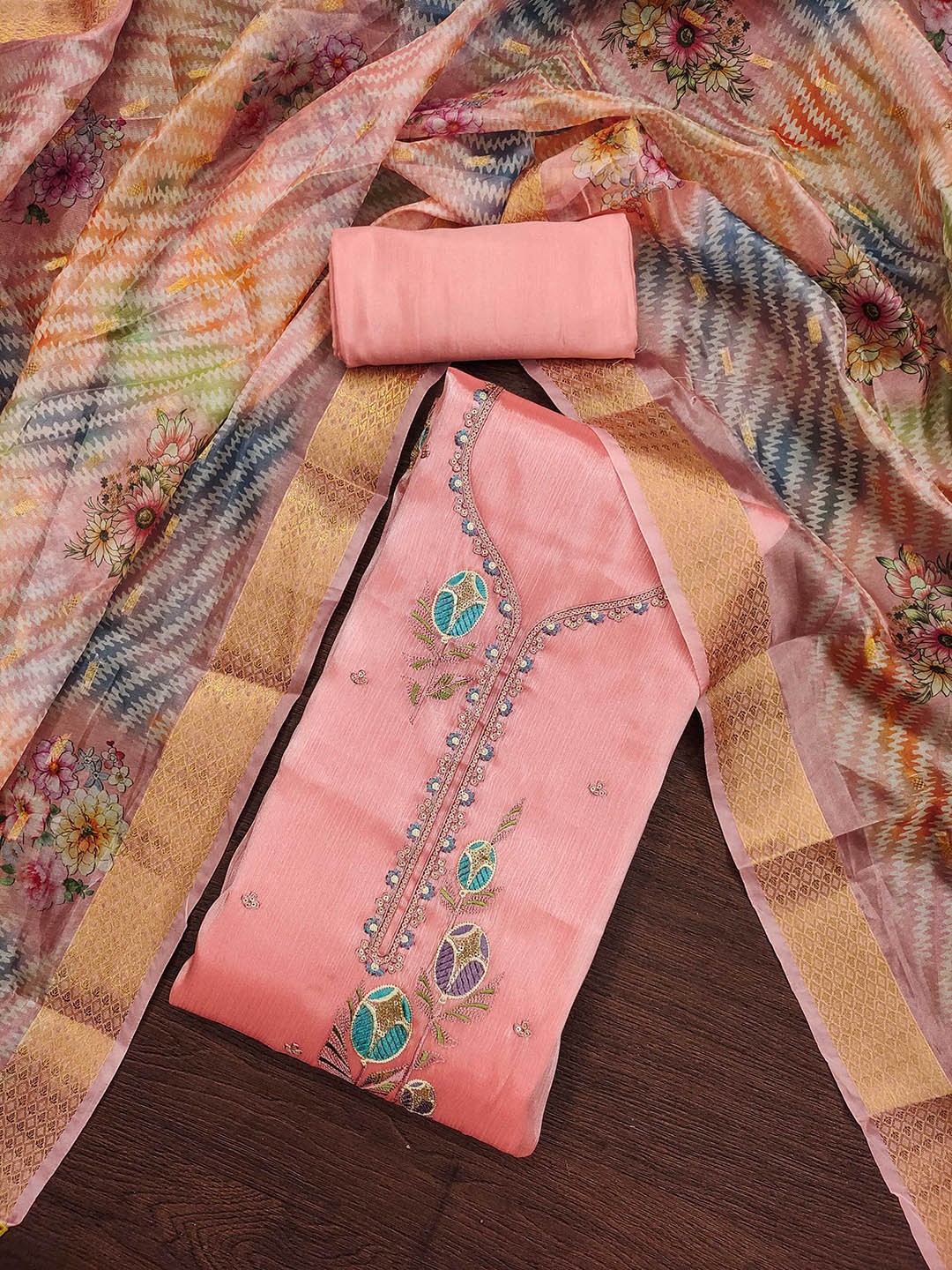 

KALINI Floral Embroidered Silk Georgette Unstitched Dress Material, Peach