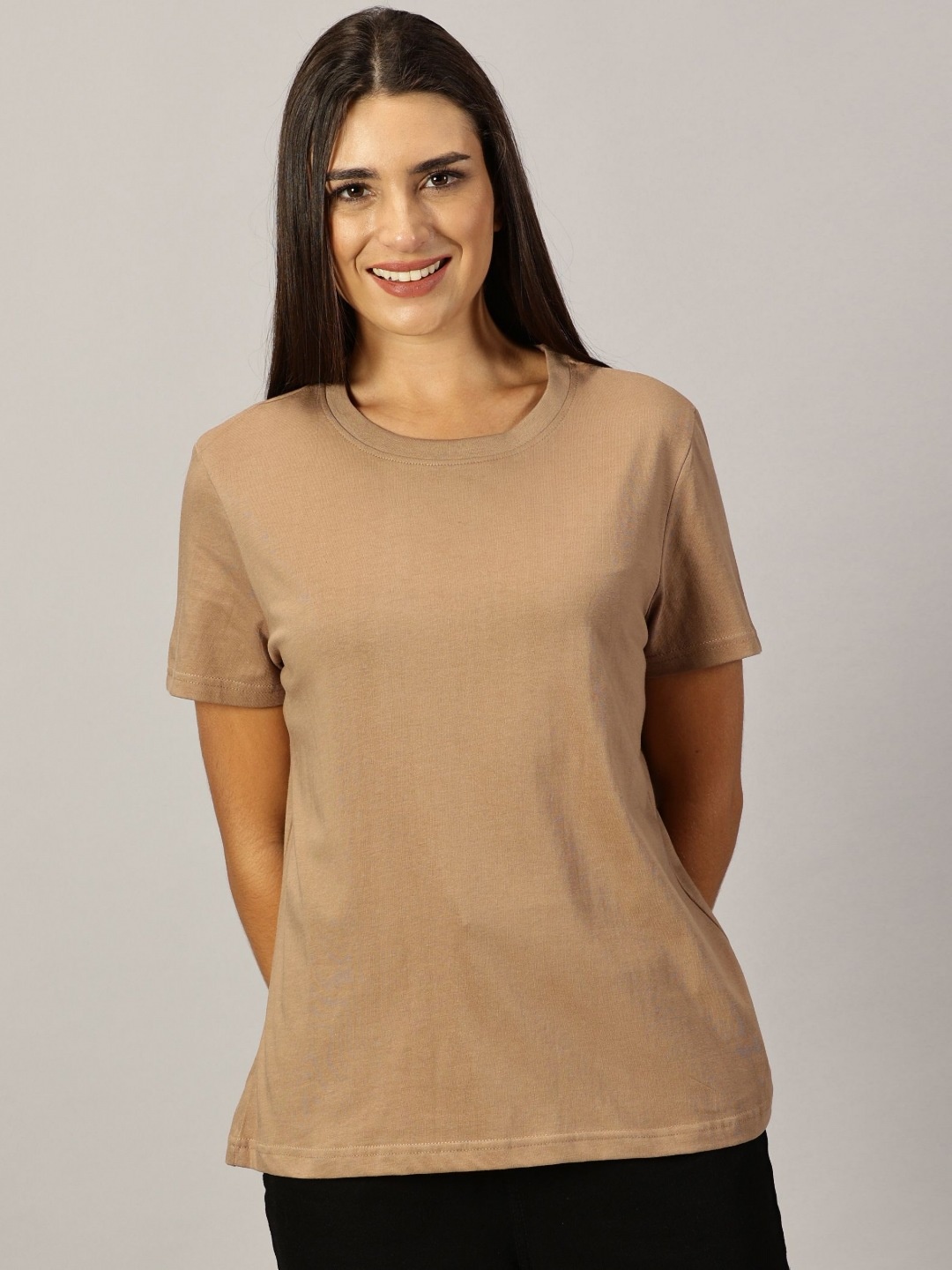 

THE HOLLANDER Women Solid Round Neck Cotton Slim Fit T-Shirt, Brown