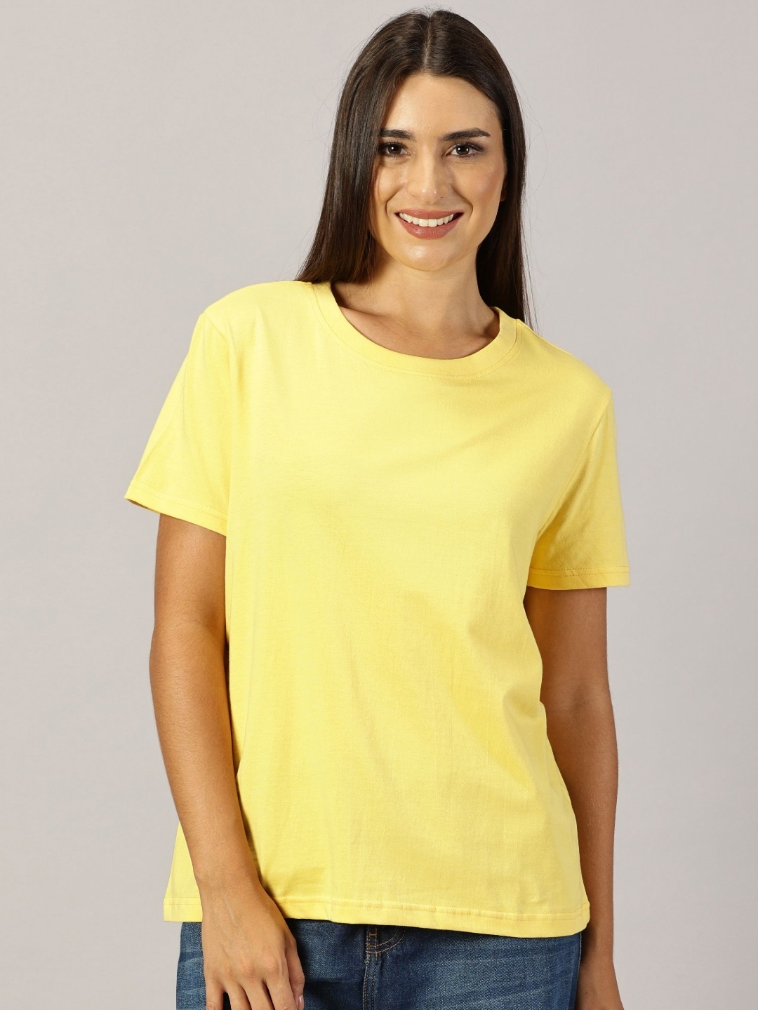 

THE HOLLANDER Women Solid Round Neck Cotton Slim Fit T-Shirt, Yellow