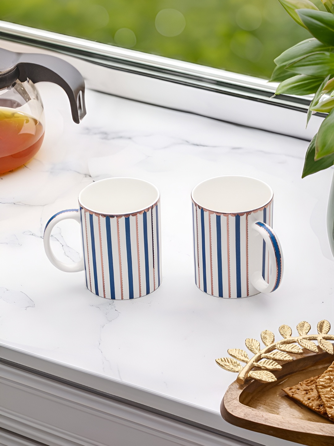 

Troveas Blue & White 2 Pieces Striped Ceramic Microwave Safe Glossy Mugs 270 ml