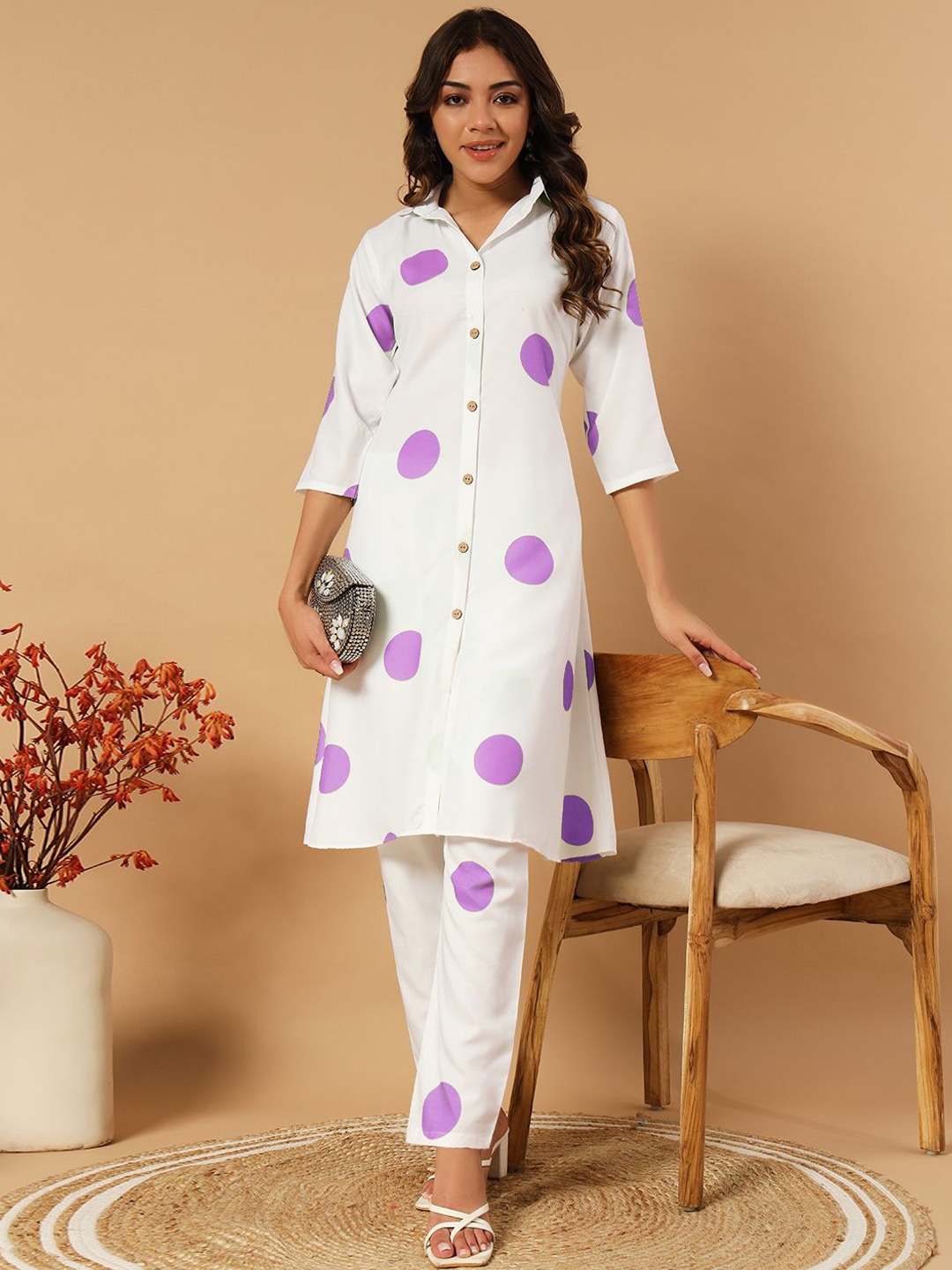 

MORLY Geometric Printed Shirt Collar Straight Kurta with Trousers, Lavender