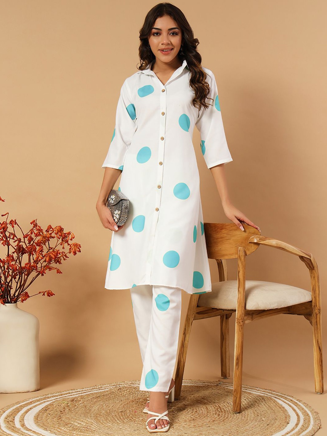 

MORLY Geometric Printed Shirt Collar Straight Kurta with Trousers, Turquoise blue