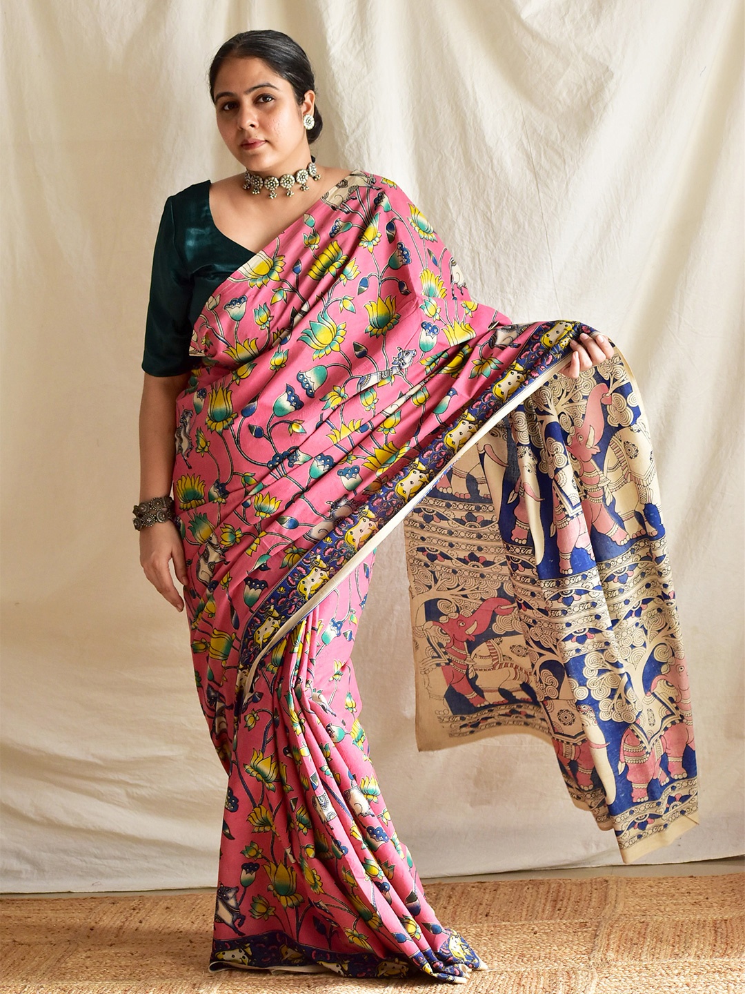 

Sundarii Kalamkari Pure Cotton Saree, Pink