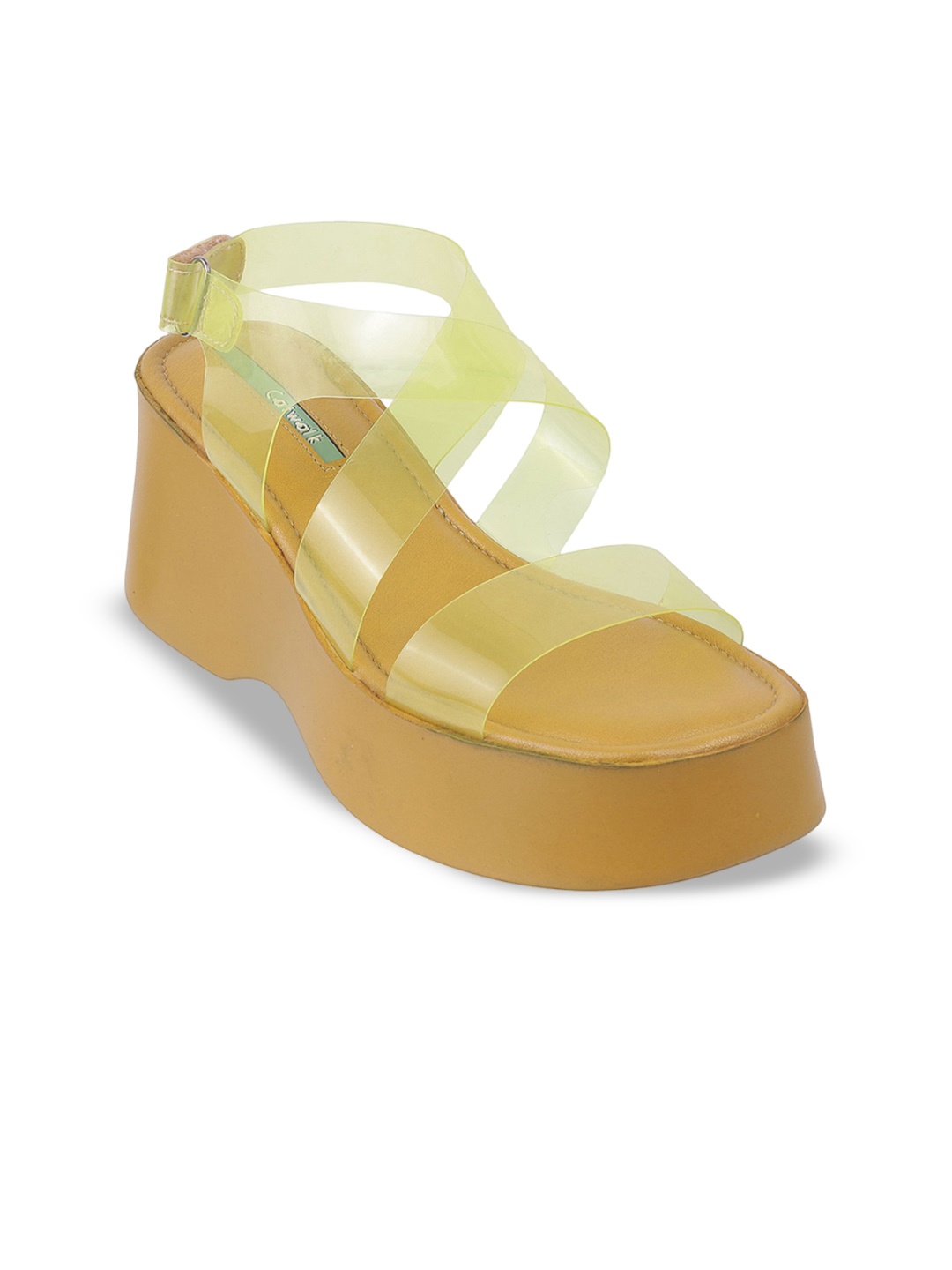 

Catwalk Transparent Straps Open Toe Ankle Loop PU Wedge Heel Sandal, Yellow