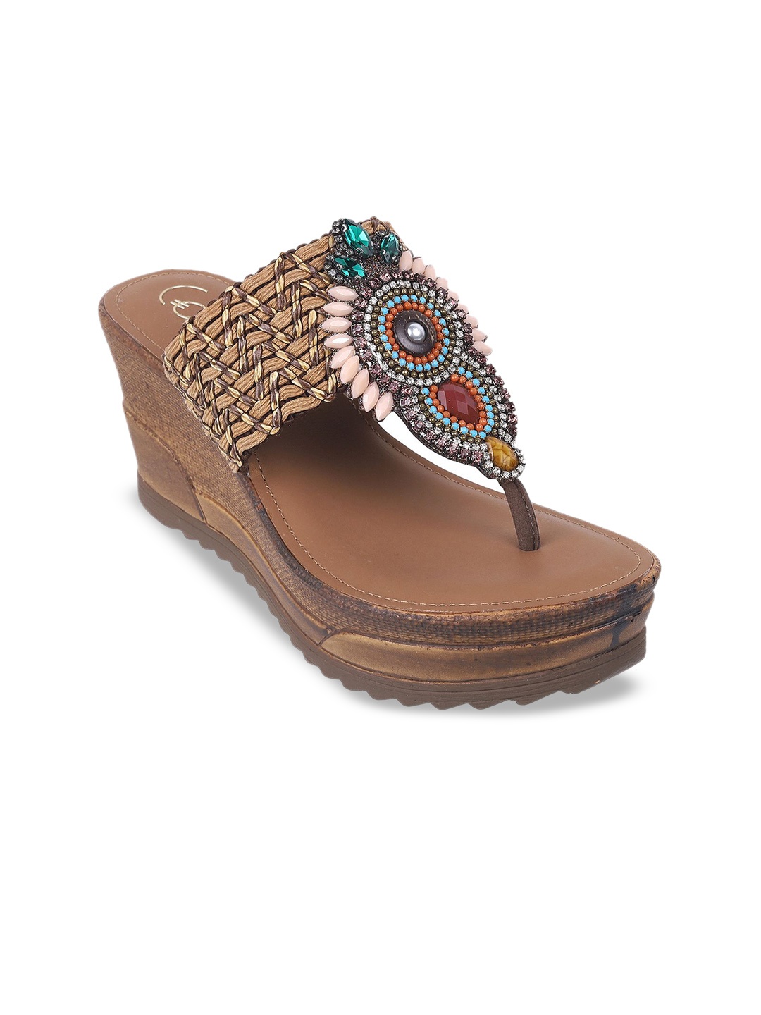 

Catwalk Women Open Toe Wedge Heel Sandals With Ethnic - Embellished, Brown