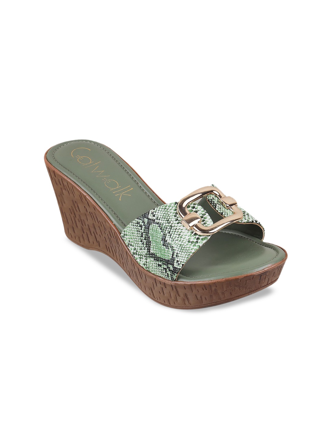 

Catwalk Animal Printed Wedge Sandals with Buckles, Green