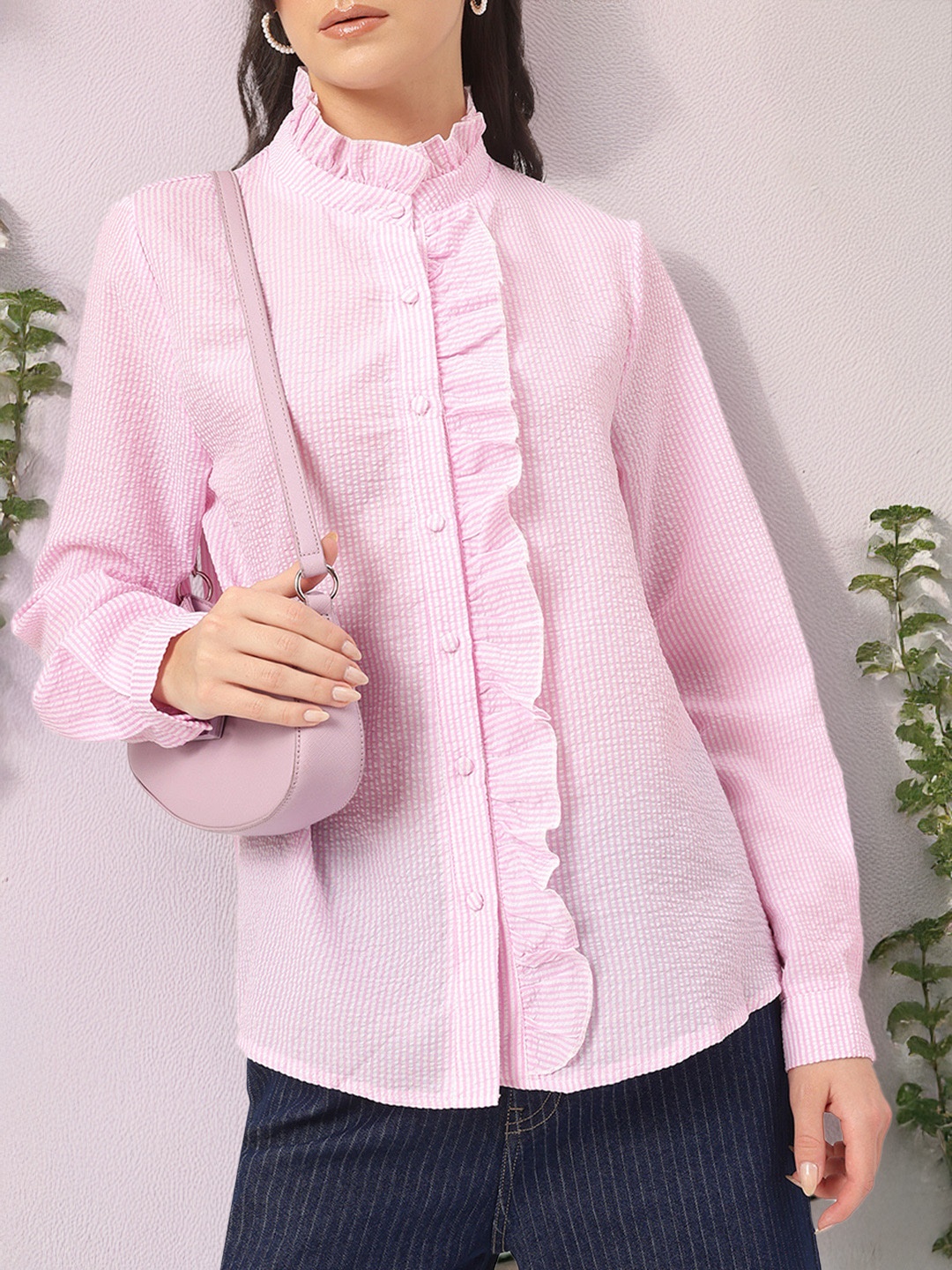 

DressBerry Refined Casual Seersucker Striped Ruffles Detail Longline Shirt, Pink