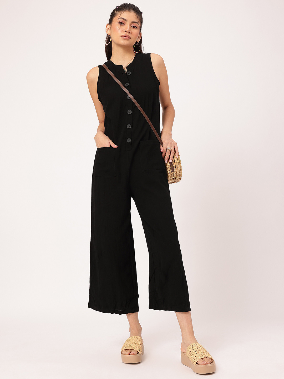 

DressBerry Bold Babe Sunset Style Cozy Cotton Sleeveless Jumpsuit, Black