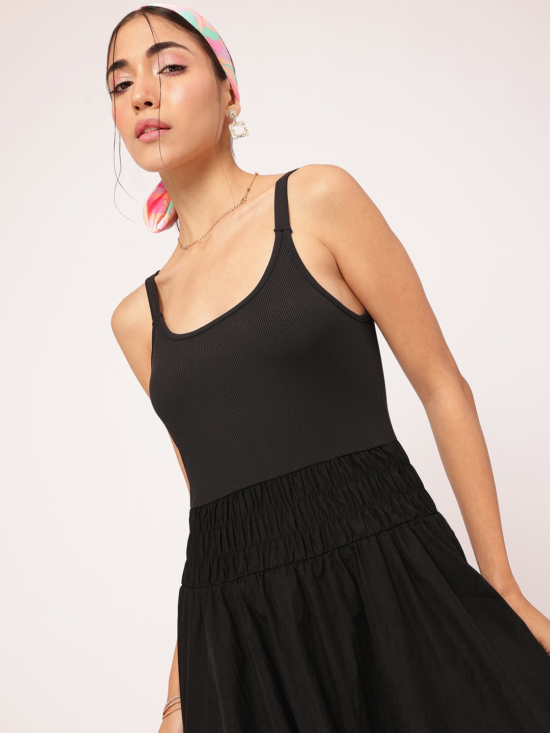 

DressBerry Ethereal Touch Smocked Fit and Flare Dress, Black