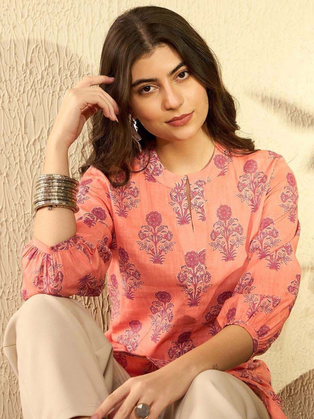 

AHIKA Floral Print Mandarin Collar Top, Orange