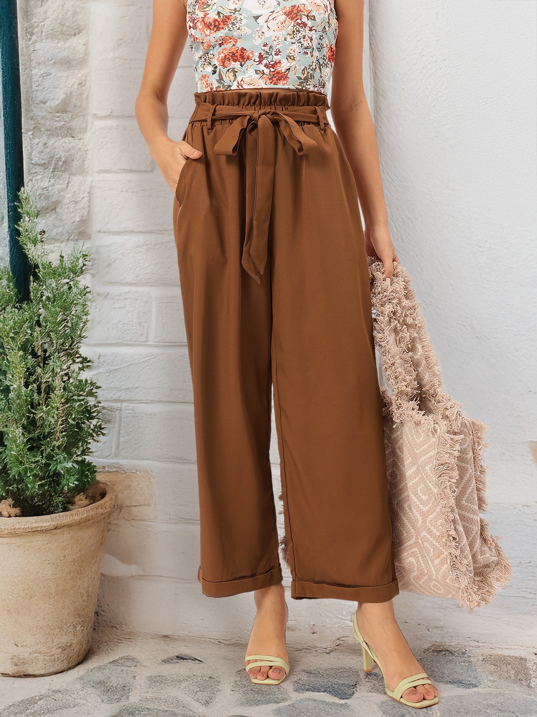 

DressBerry Women Urban Heritage Tie-Up Formal Trousers, Brown