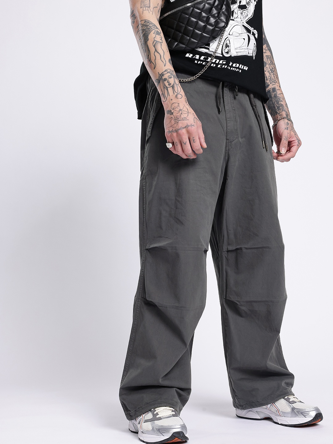 

FCUK Men Street Cool Parachute Loose Fit Trousers, Grey