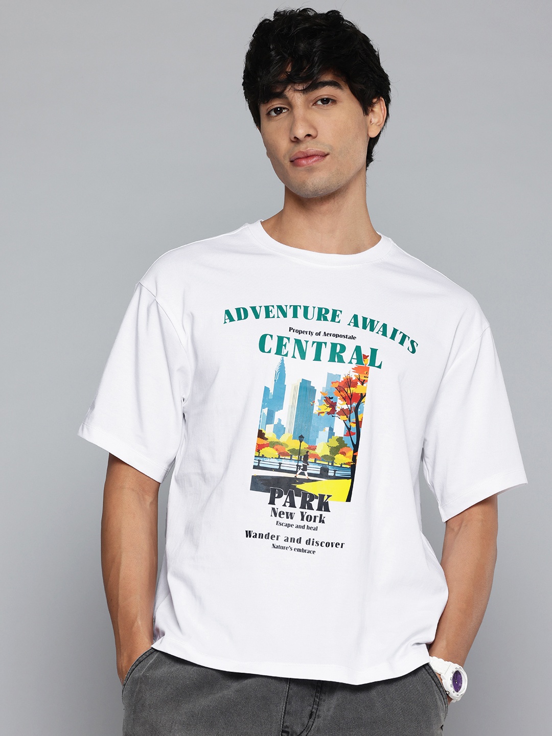 

Aeropostale Typography Print Drop-Shoulder Sleeves Pure Cotton T-shirt, White
