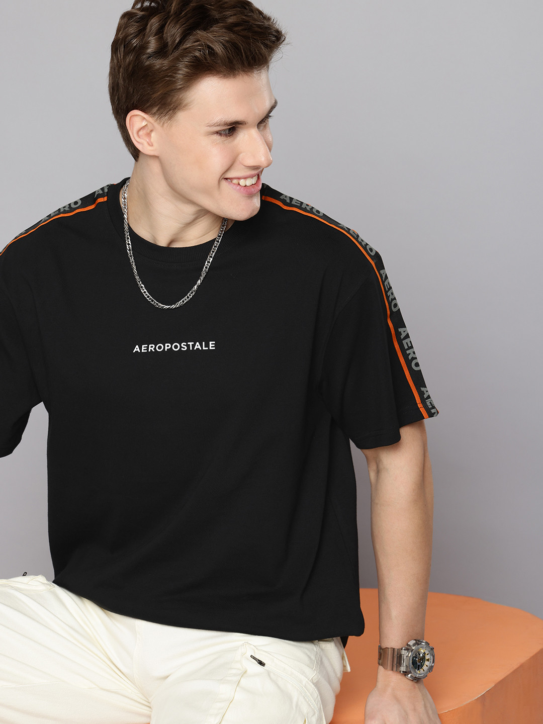 

Aeropostale Brand Logo Printed Drop-Shoulder Sleeves Relaxed Fit Pure Cotton T-shirt, Black