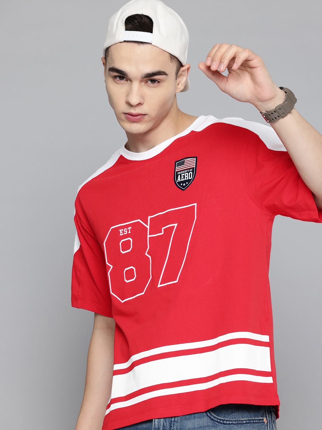 

Aeropostale Striped Embroidered Pure Cotton Relaxed T-shirt, Red