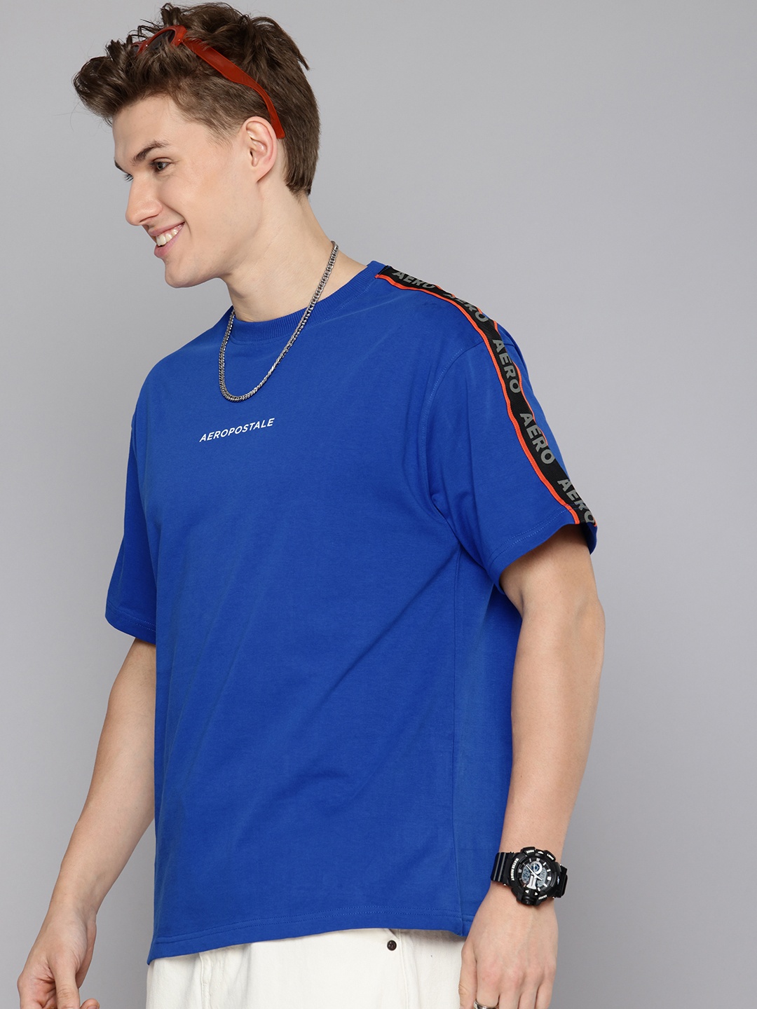 

Aeropostale Drop-Shoulder Sleeves Pure Cotton Relaxed Fit T-shirt, Blue