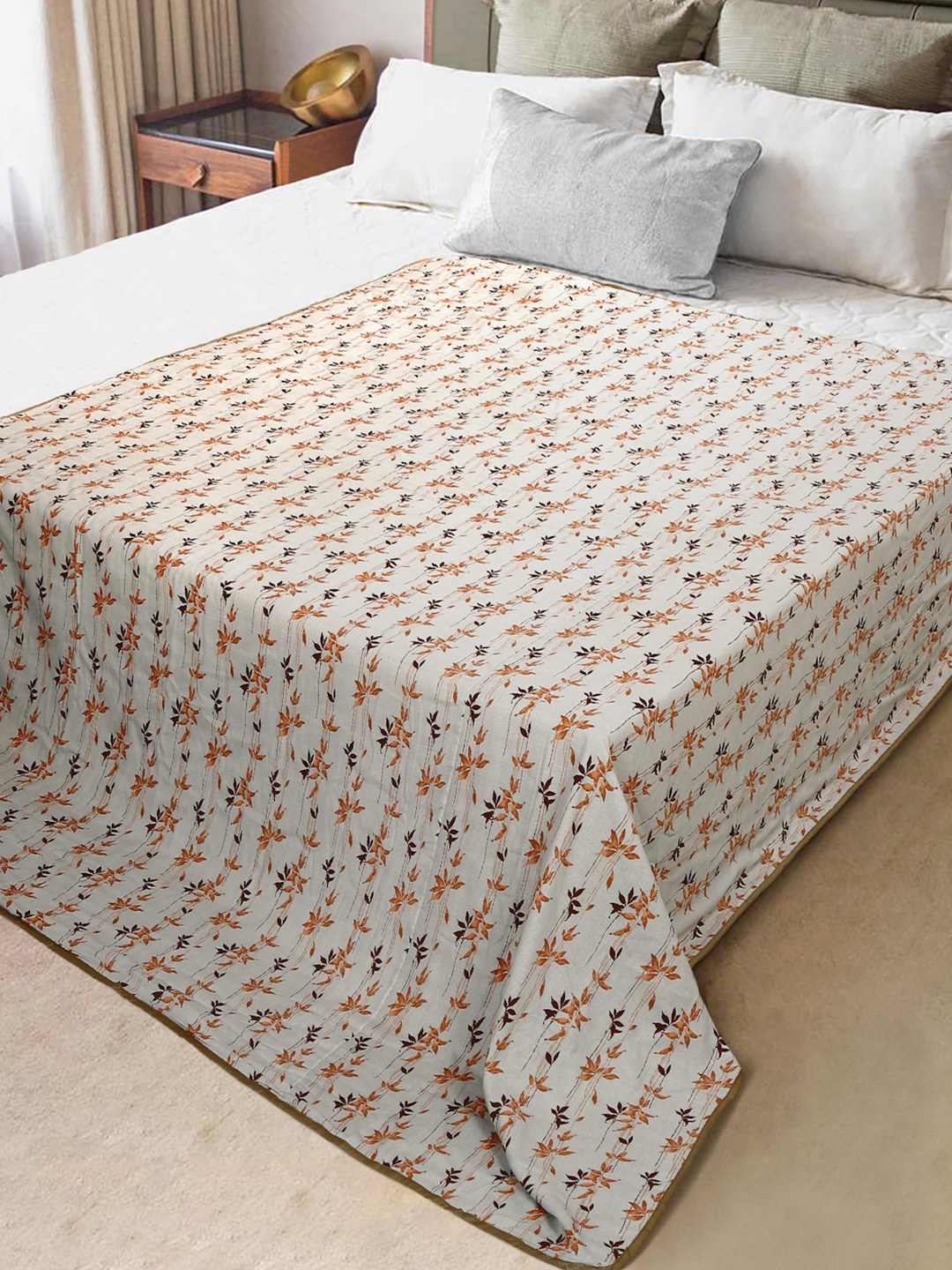 

DREAM WEAVERZ Beige & Orange Floral Pure Cotton Summer 150 GSM Double Bed Dohar