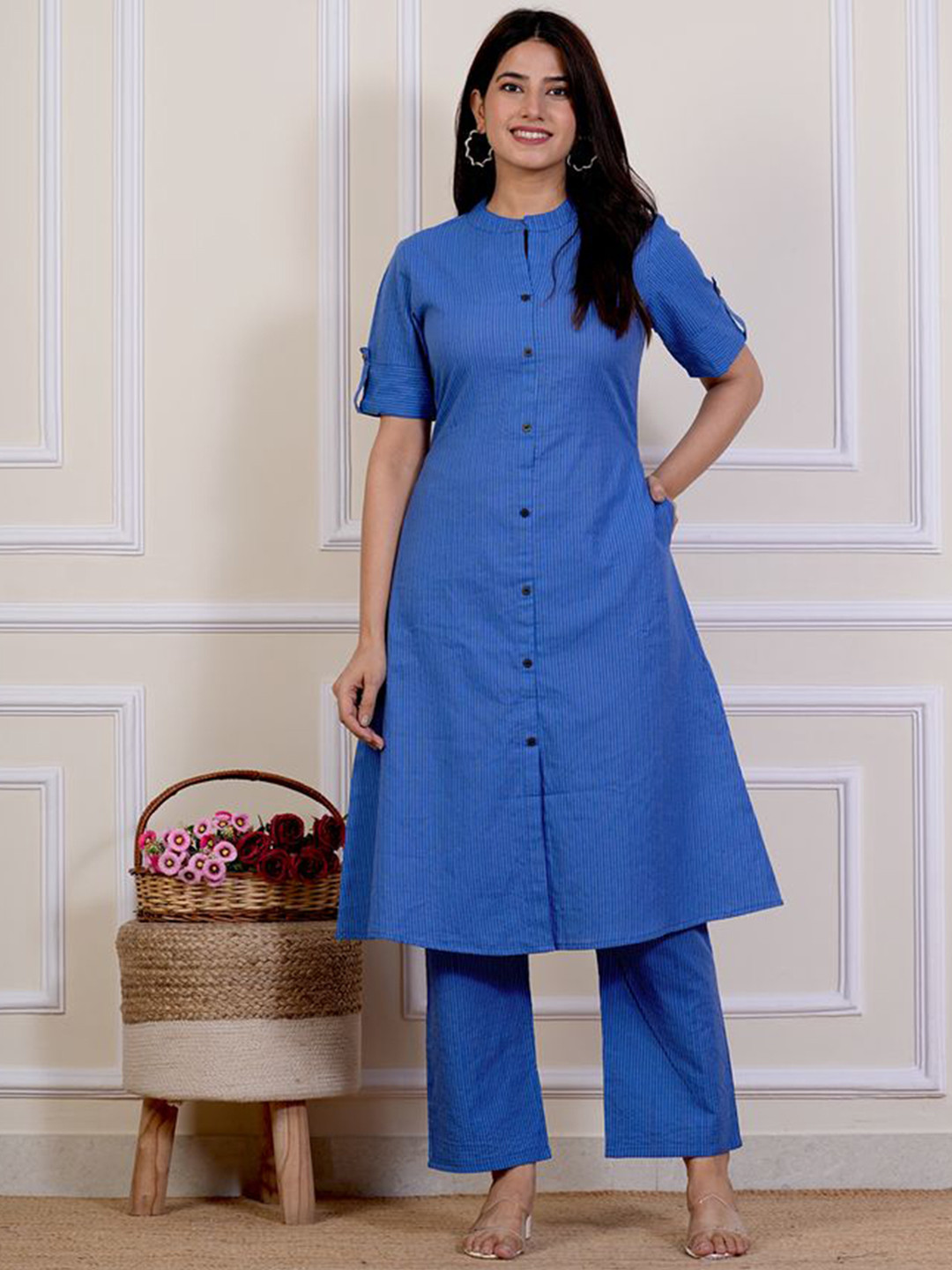 

P3D CREATION Striped Mandarin Collar Pure Cotton Straight Kurta with Palazzos, Blue