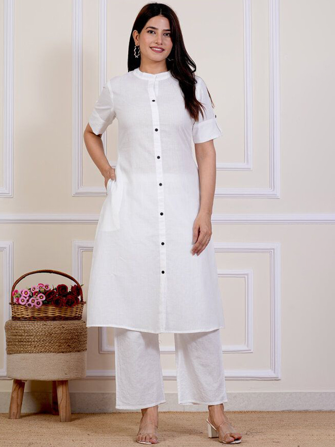 

P3D CREATION Striped Mandarin Collar High Slit Pure Cotton A Line Kurta with Trousers, White