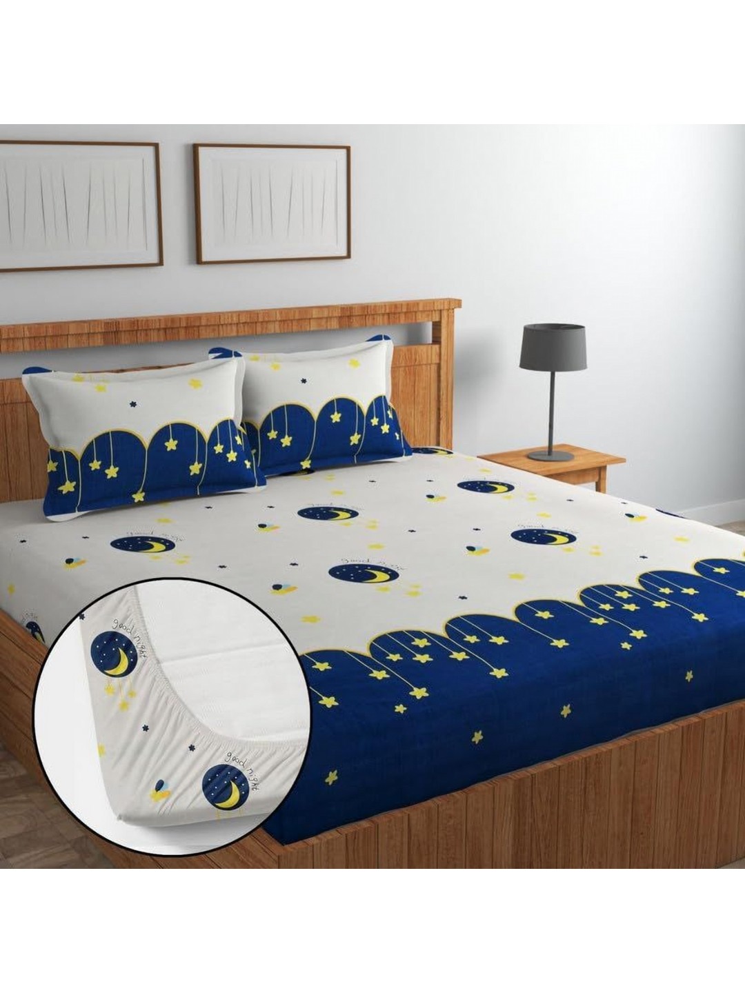 

Innovative Edge Blue Cotton Fitted 160 TC King Bedsheet with 2 Pillow Covers