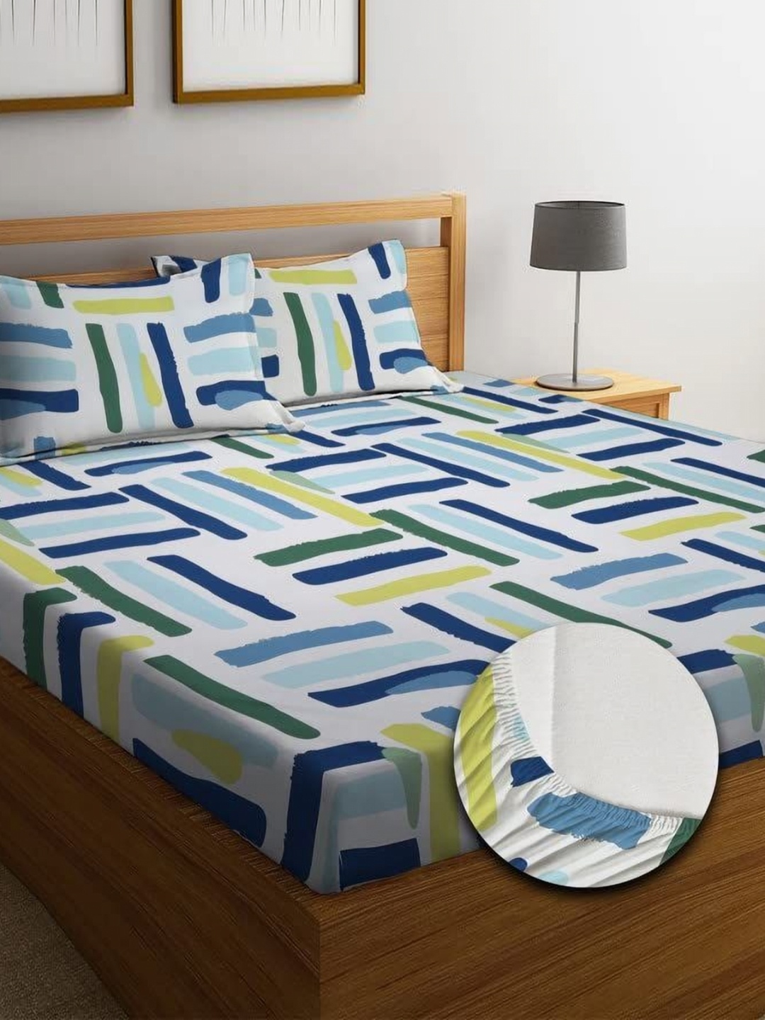 

Innovative Edge White & Yellow Fitted Cotton 160 TC King Bedsheet with 2 Pillow Covers