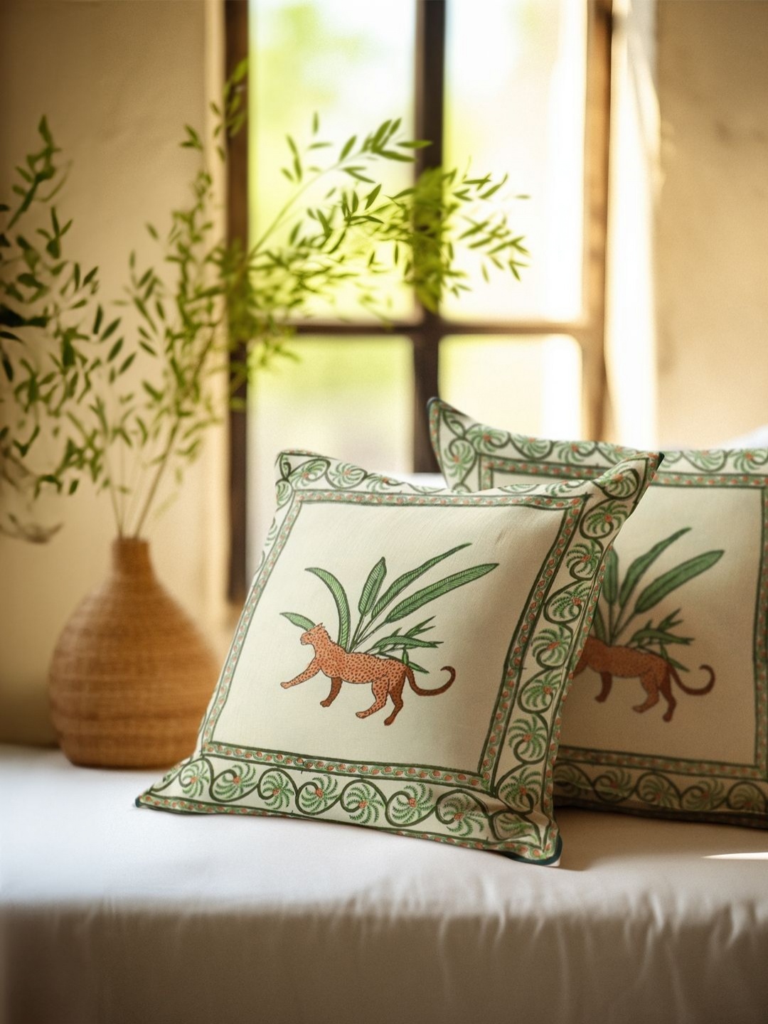 

Baarno White & Green 2 Pieces Floral Printed Pure Cotton Square Cushion Covers