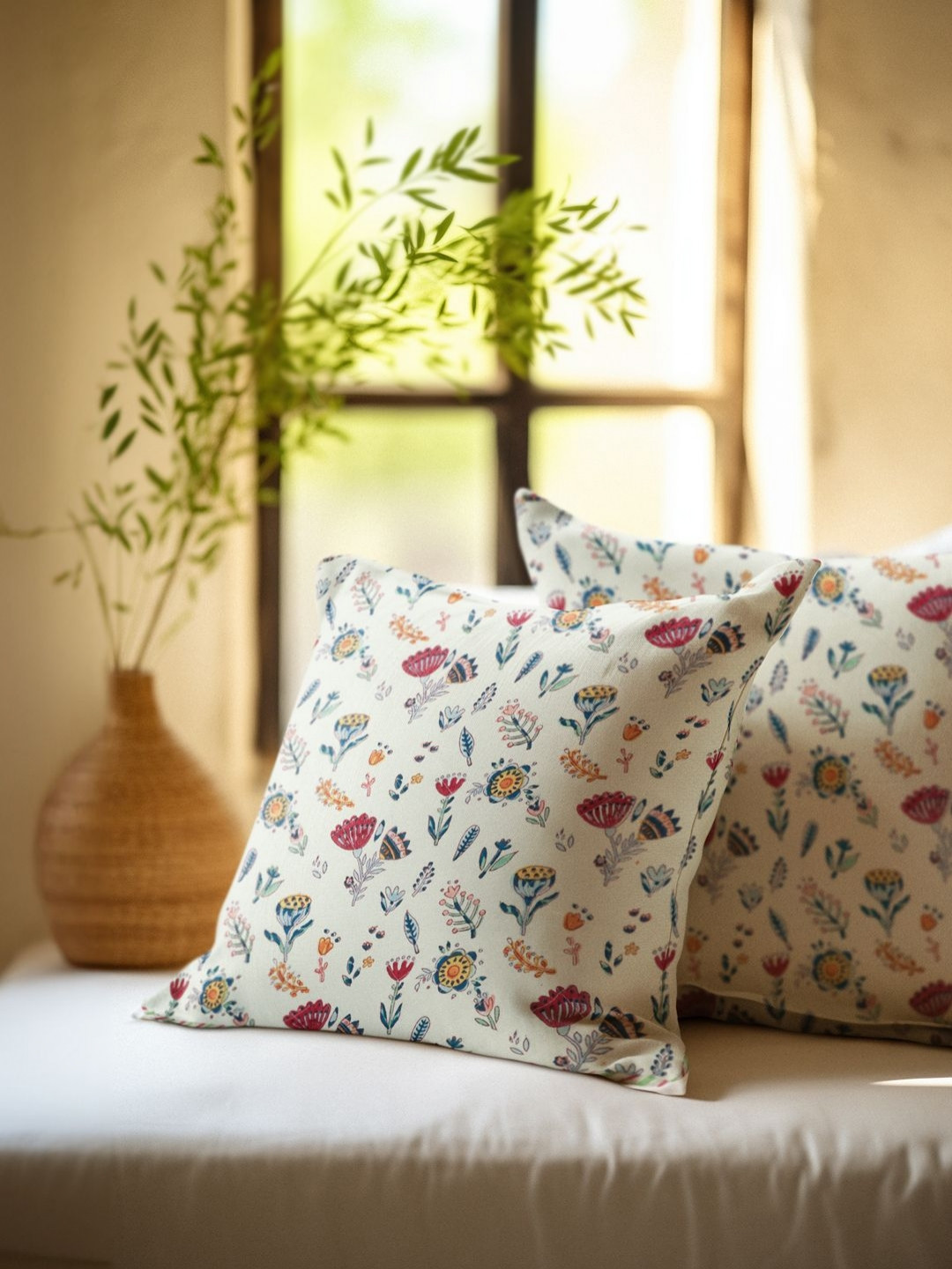 

Baarno White & Pink 2 Pieces Floral Printed Pure Cotton Square Cushion Covers
