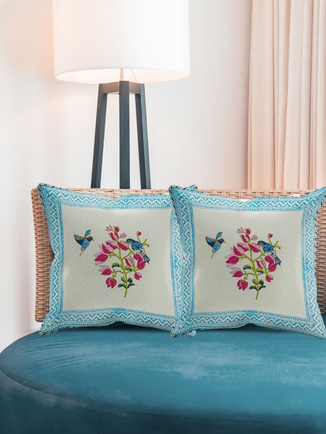 

Baarno White & Blue 2 Pieces Floral Printed Pure Cotton Square Cushion Covers