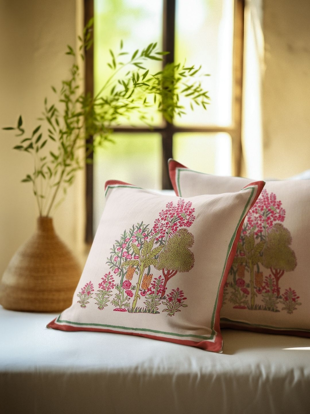 

Baarno Off White & Pink 2 Pieces Floral Printed Pure Cotton Square Cushion Covers