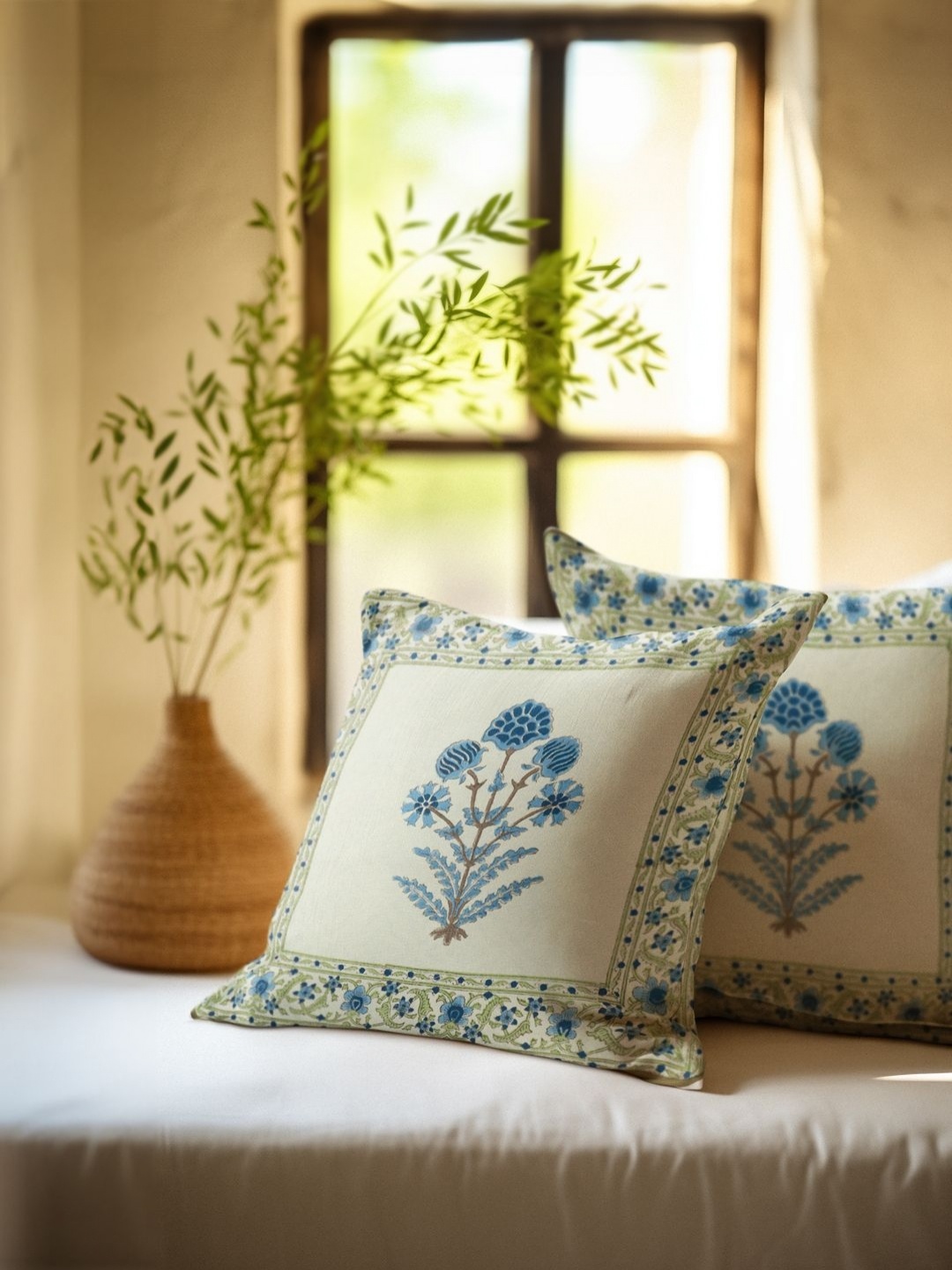 

Baarno White & Blue 2 Pieces Floral Printed Pure Cotton Square Cushion Covers