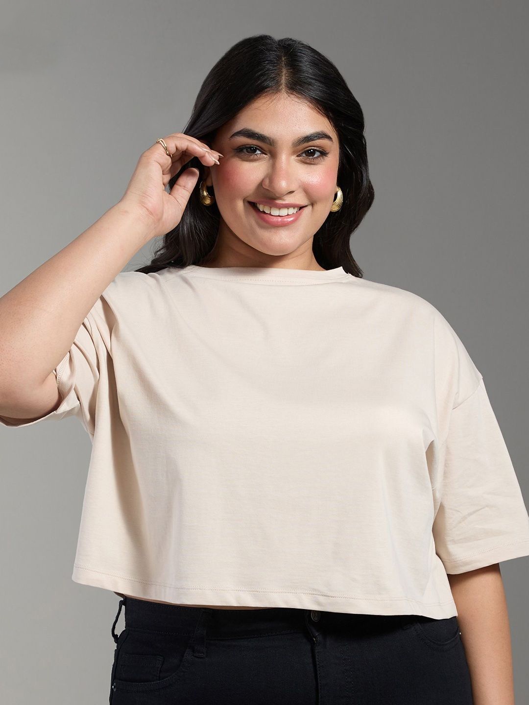 

20Dresses Women Solid Round Neck Cotton Boxy T-shirt, Beige