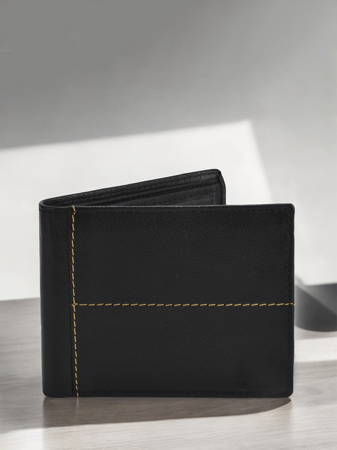 

The Roadster Lifestyle Co Men Textured Leather Two Fold Wallets With RFID Blocking, Black