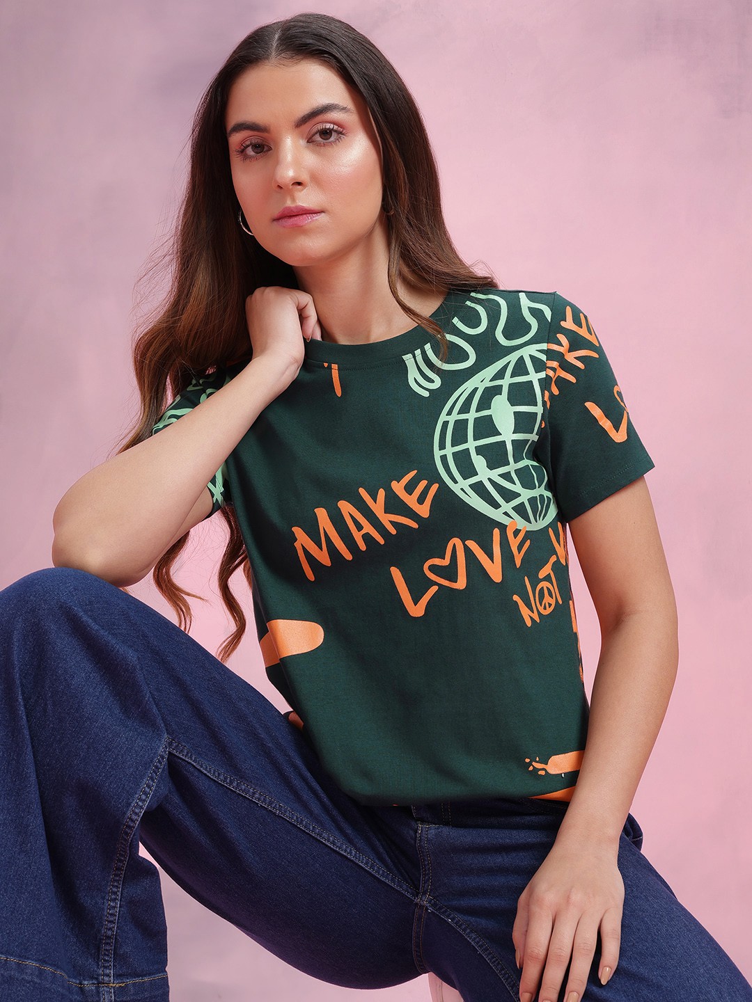 

DressBerry Women Printed Pure Cotton T-shirt, Green