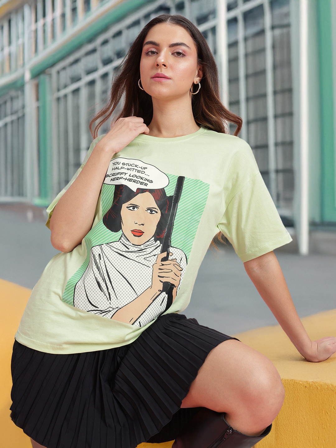 

DressBerry Women Typography Printed Pure Cotton Longline T-shirt, Green