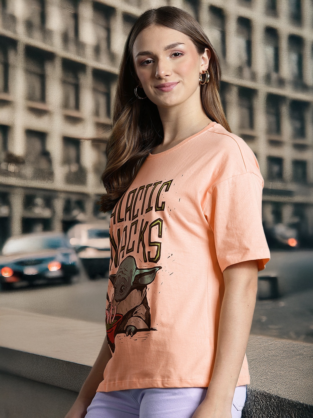 

DressBerry Printed Drop-Shoulder Sleeves Pure Cotton Relaxed T-shirt, Peach